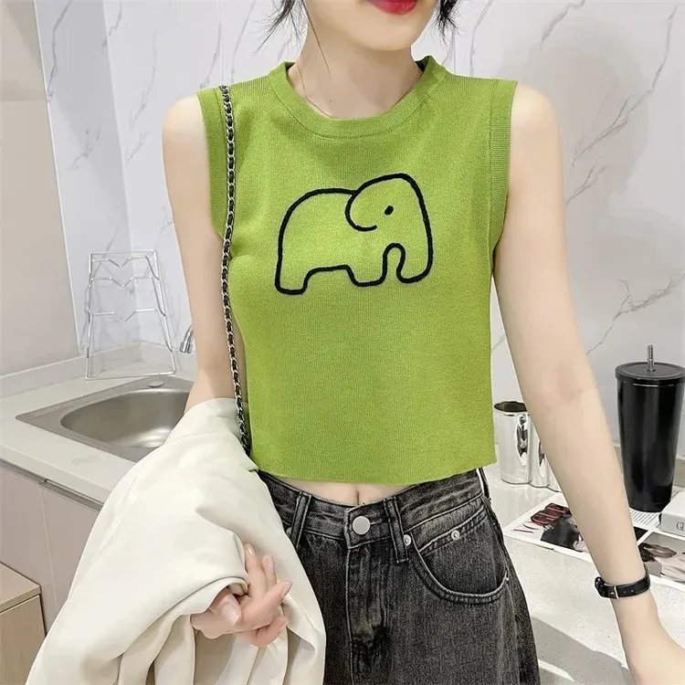 背心外穿女夏季新款大象刺绣薄款针织衫修身短款无袖吊带冰丝上衣