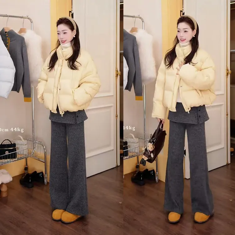 2025冬季新款女装韩版漂亮套装高领针织上衣棉服外套休闲裤三件套