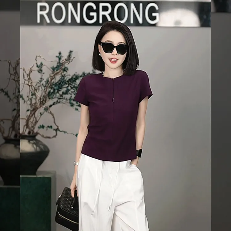 溶溶【浅夏星灰】RONGRONG 莱赛尔棉半拉链垂感显瘦短袖T-Z8969295