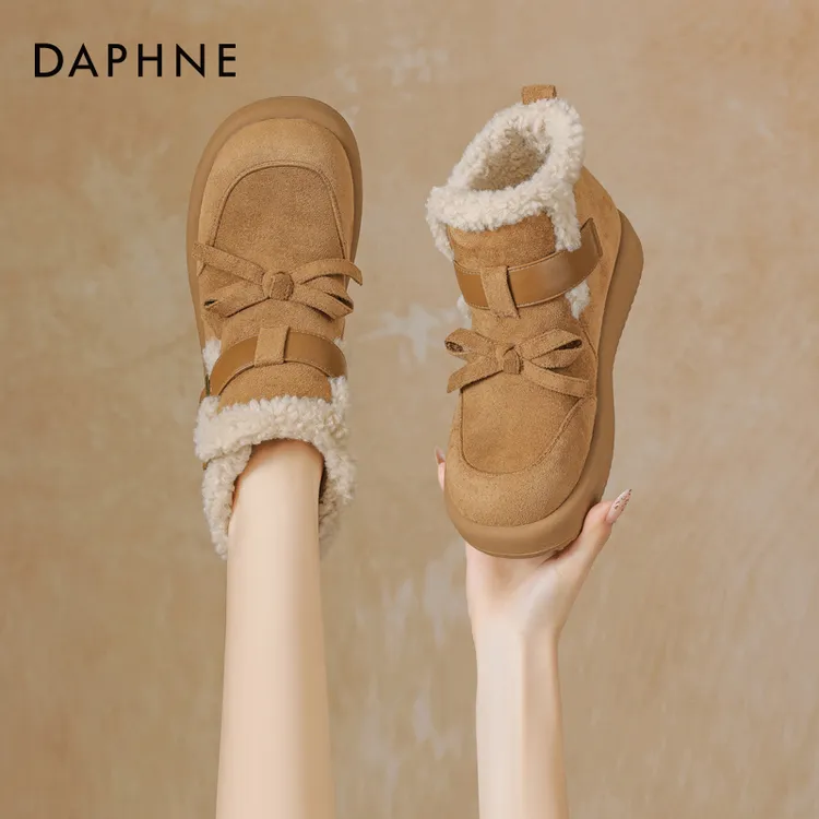 达芙妮厚底雪地靴女2025冬季新款加绒加厚魔术贴复古短靴毛毛鞋