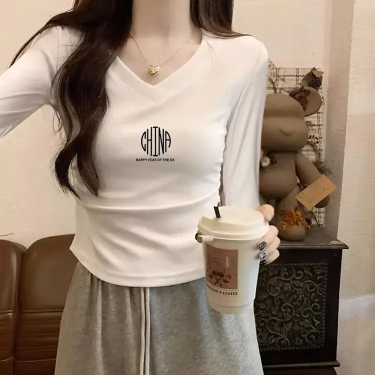 V领正肩打底衫女装2025春秋修身显瘦长袖收腰抽褶T恤韩版上衣内搭