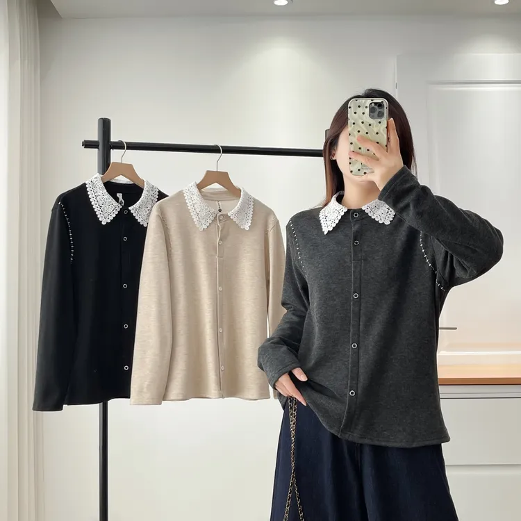 百搭加绒蕾丝领微胖mm大板型宽松显瘦大码女装内搭打底衫T恤衫