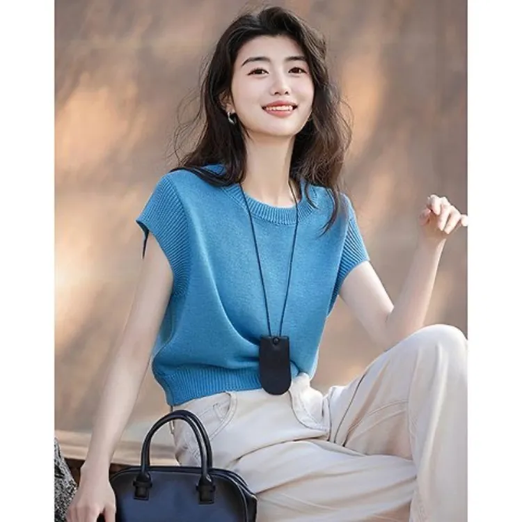 短袖薄款女夏季透气短款圆领针织衫时尚洋气外穿显瘦休闲减龄上衣