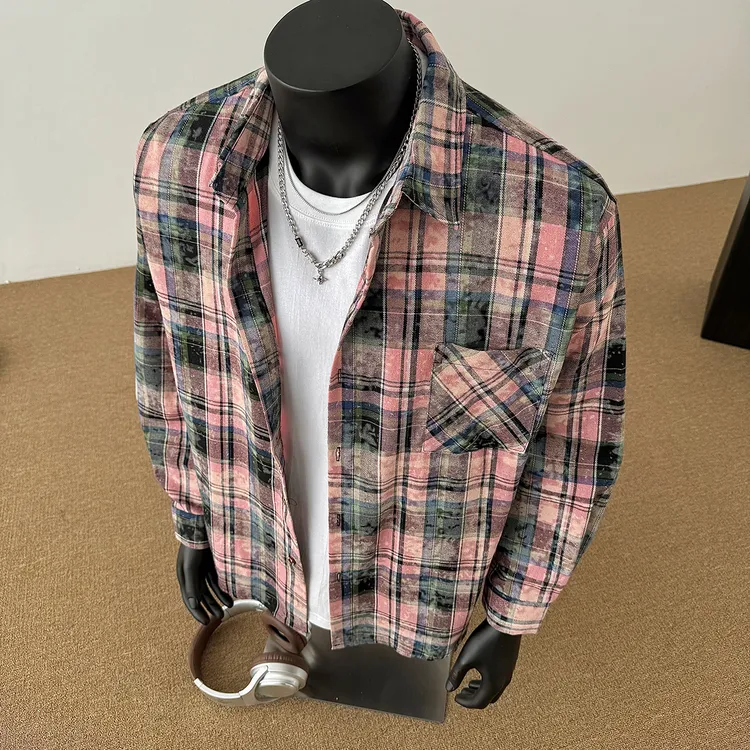 扎染格子衬衫男生春秋外套ins复古做旧宽松衬衫百搭情侣渐变衬衣