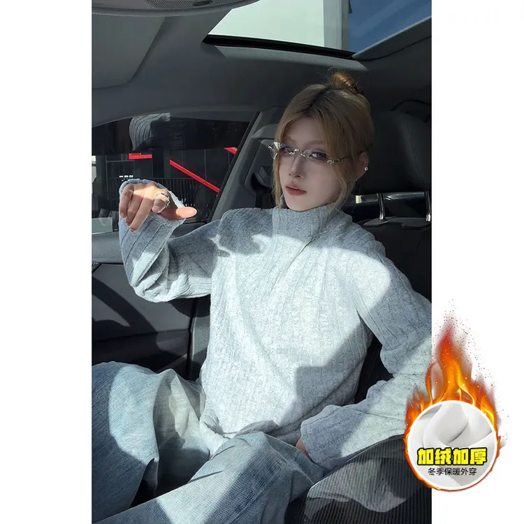 毛茸茸秋冬加绒加厚百搭基础T恤男女宽松休闲长袖半高领打底上衣