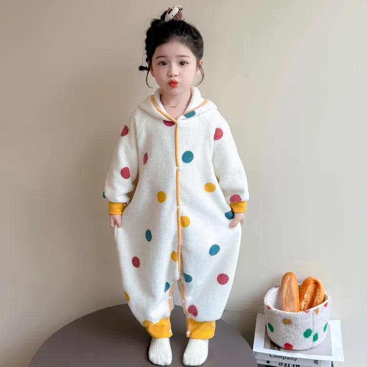 女童睡衣秋冬季新款雪粒绒女宝宝卡通彩色圆点保暖连体防着凉睡衣