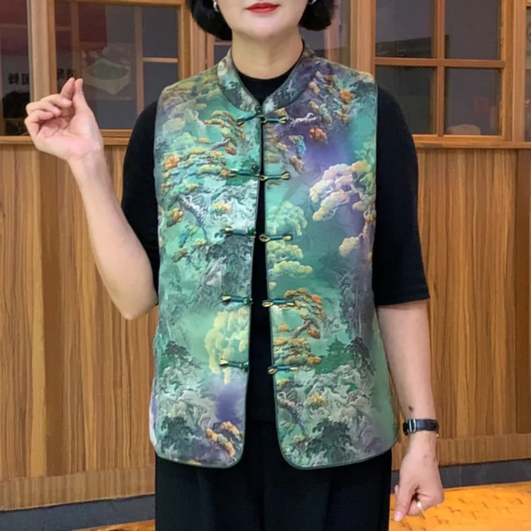 秋季新款气质时尚新中式中国风宽松复古印花民族风无袖加棉马甲