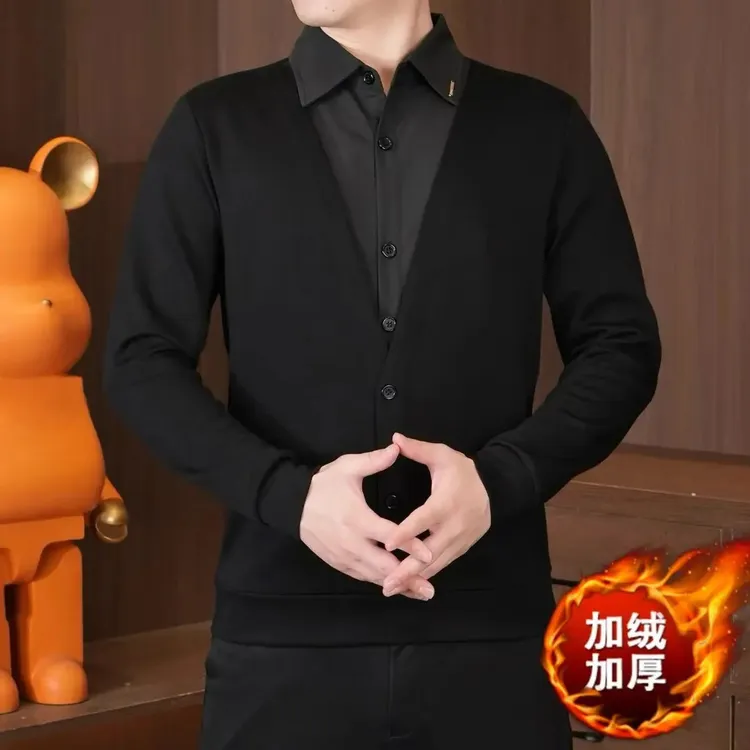 【风华正茂】2025男款秋冬高品质翻领休闲百搭欧货假两件上衣卫衣K4