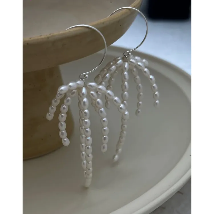 JUNMU天然淡水长款流苏珍珠耳环氛围感法式复古气质珍珠耳坠