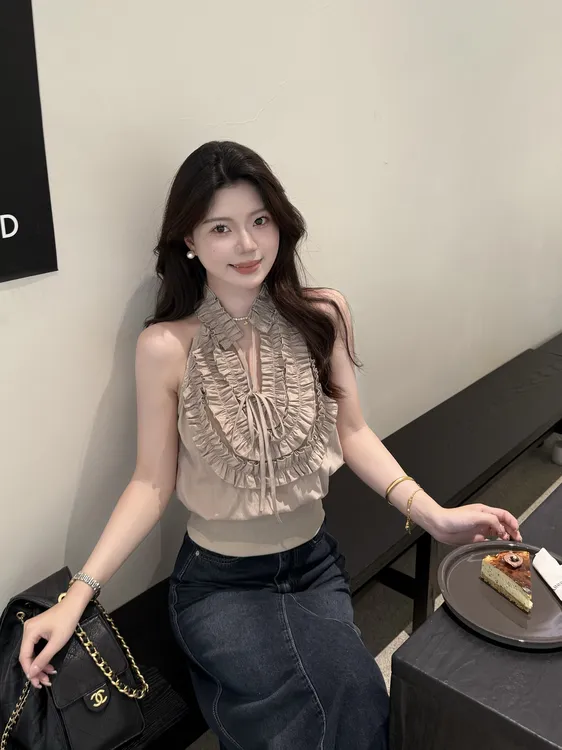 【曼谷季风】韩系夏日重工小众气质立体花边拼接设计感无袖挂脖背心