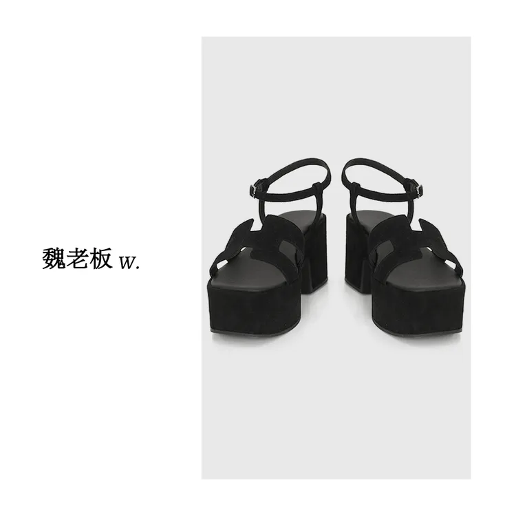 W.Diva【暮色】夏季羊京面黑色方头防水台粗跟高跟凉鞋50X161745