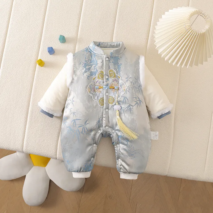冬季新生儿连体衣国风竹子棉哈衣冬季中国风男童厚棉哈衣外出连体