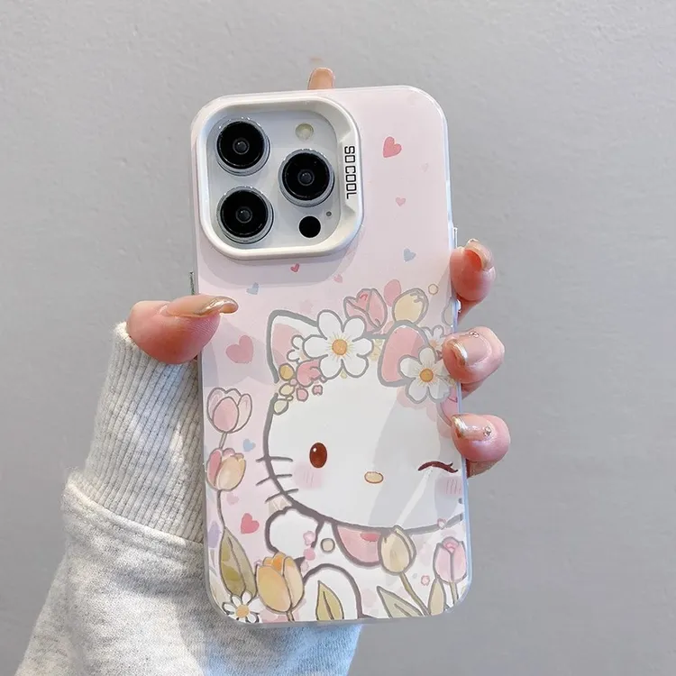 郁金香凯蒂猫适用苹果16promax手机壳新款彩绘iPhone15pro磨砂14