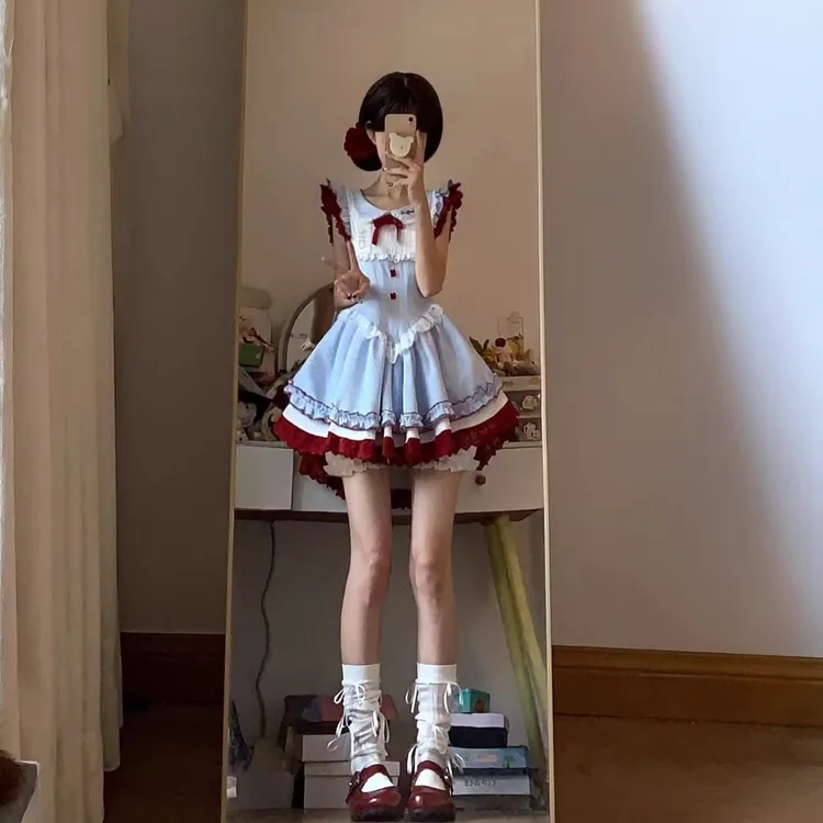 夏季小众可爱甜美风连衣裙女收腰显瘦拼接花边小飞袖蝴蝶结短款裙