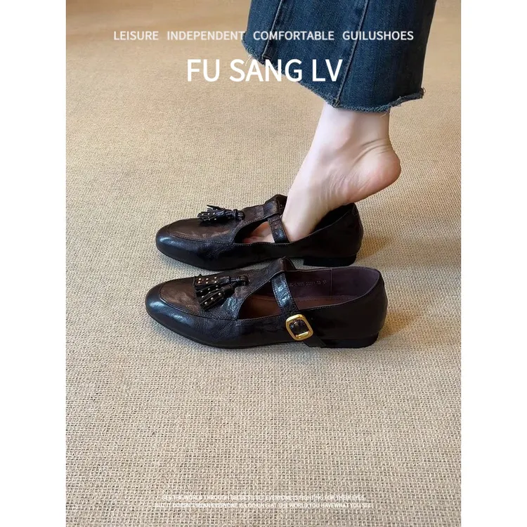 羊皮版！2025新款覆古风圆头丁字扣带流苏女款轻便简约粗跟不累脚