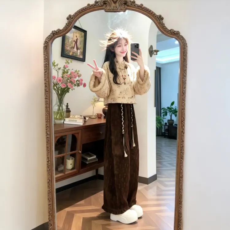 巨好看的冬装一整套新中式国风盘扣提花外套上衣高腰阔腿裤套装女