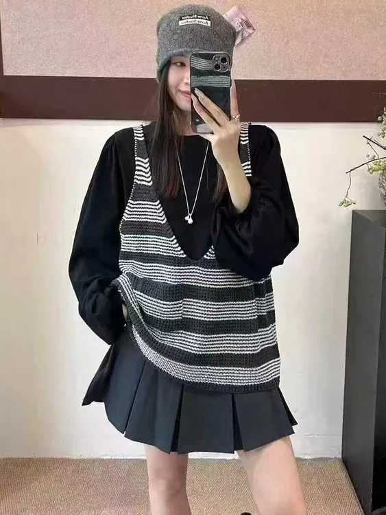 韩系条纹针织马甲+衬衫两件套女2025秋新款叠穿宽松显瘦百搭套装