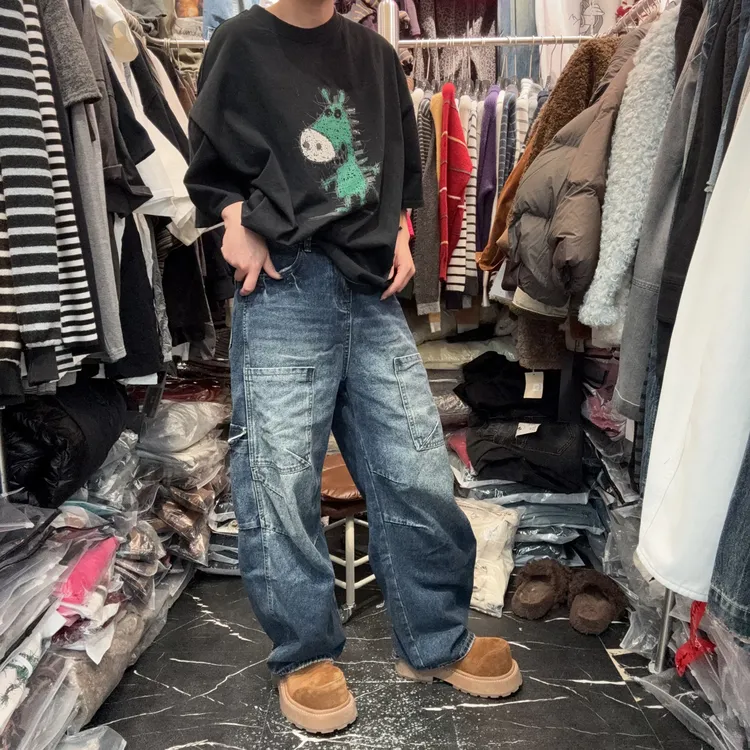 猫妹➕潮流复古痞帅弯刀牛仔裤宽松阔腿多口袋工装女款牛仔裤
