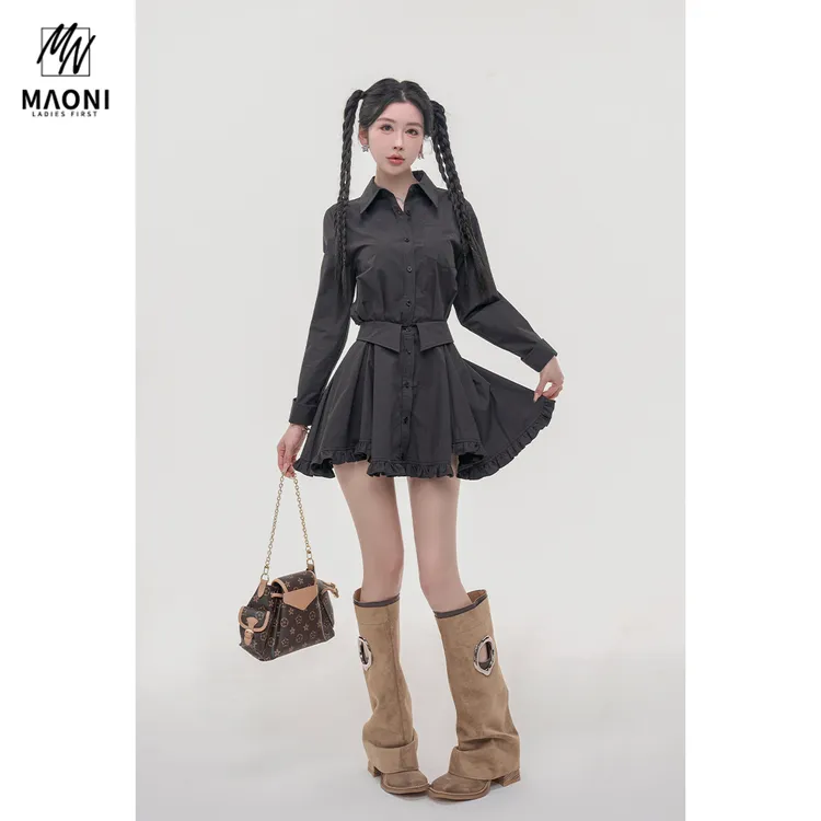 毛妮LADIESFIRST【韩女公式】假两件衬衫裙早秋荷叶边连衣裙L2137