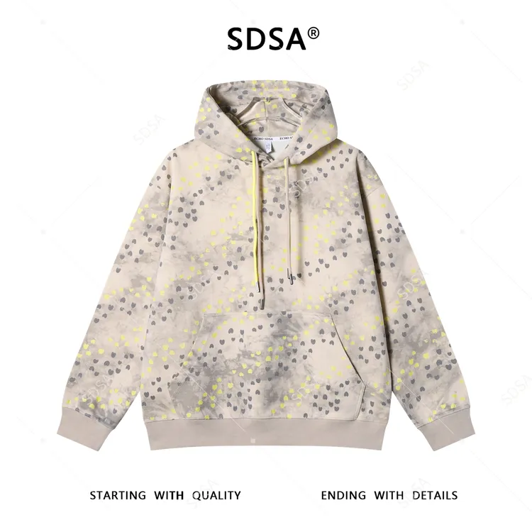 SDSA男士秋冬新款痞帅男装时尚扎染满印爱心印花抽绳连帽卫衣百搭