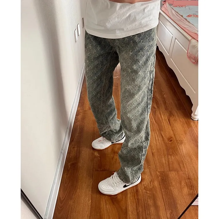 sawp满印提花牛仔裤男秋季穿搭高级感裤子高街微喇直筒基础款长裤