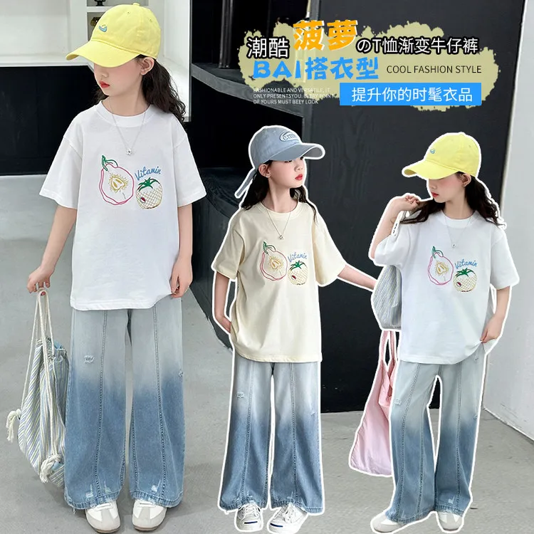 女童休闲套装夏季爆款中大童短袖t恤牛仔裤两件套初中生网红洋气