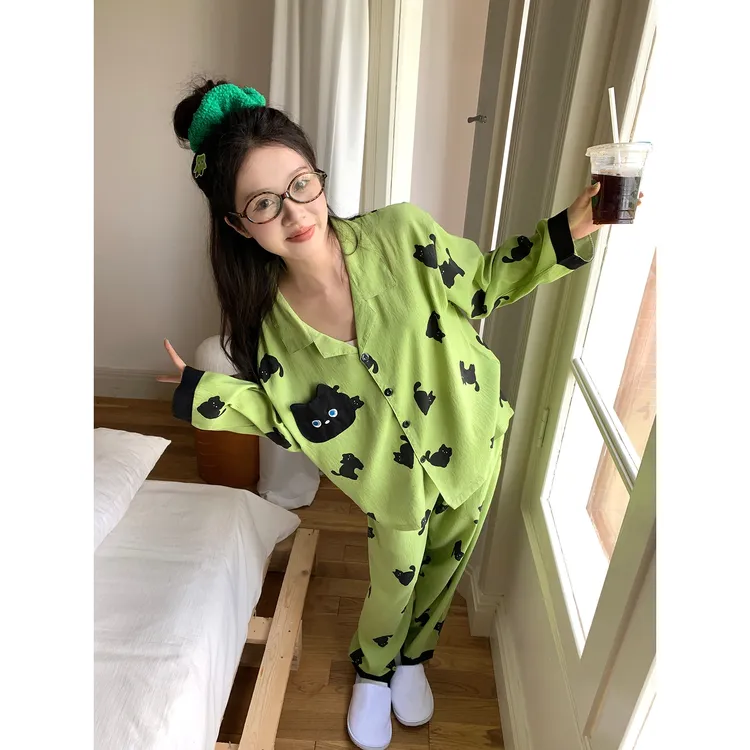 猫咪撞色云朵棉睡衣女士爆款2025新家居服黄色波女士纯棉助眠睡衣