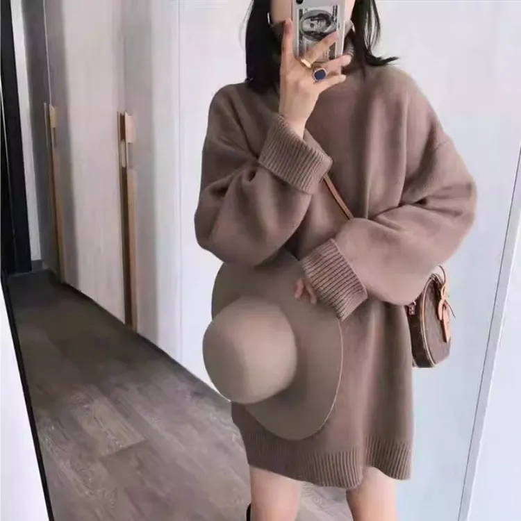清仓复古驼色高领毛衣女秋冬加厚宽松外穿慵懒高级感中长款针织衫