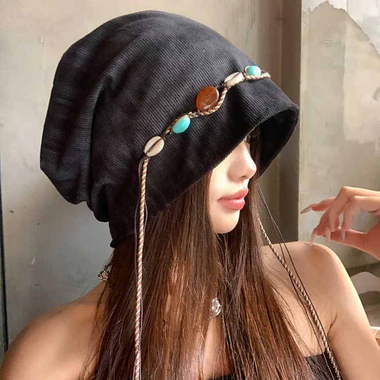 帽子秋冬女复古波西米亚风流苏扎染包头冷帽透气百搭显脸小堆堆帽