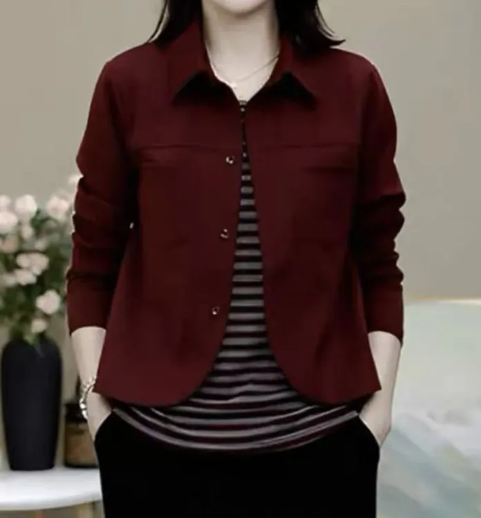 新款时尚翻领长袖单穿打底上衣外套女妈妈装假两件纯色百搭休闲22