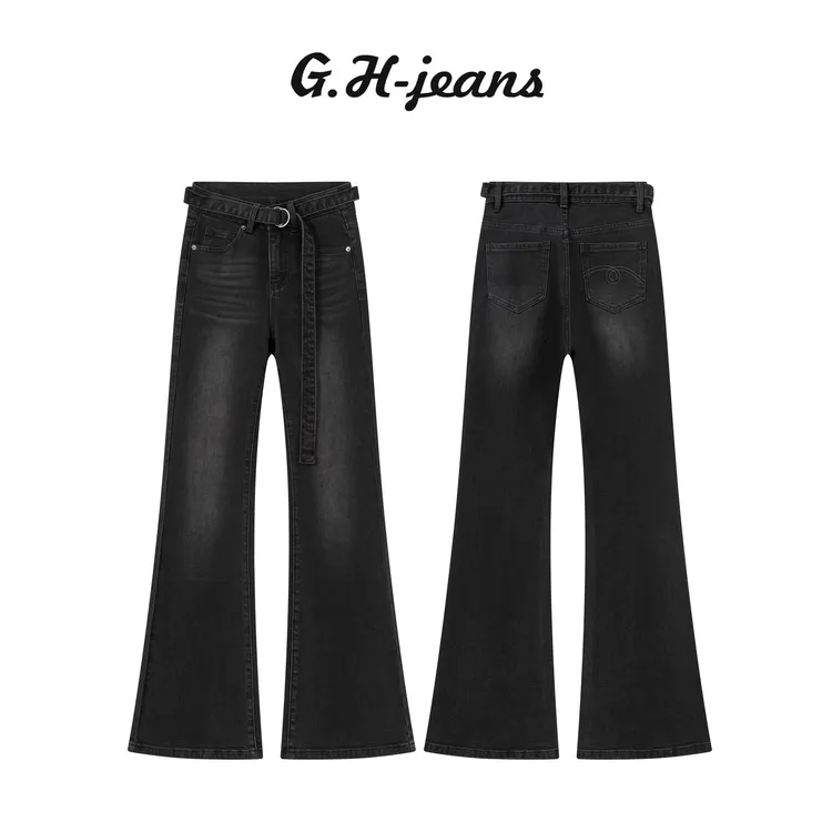 【G.H】秋季新款珍珠黑设计感刺绣腰带装饰高腰弹力修身微喇牛仔裤