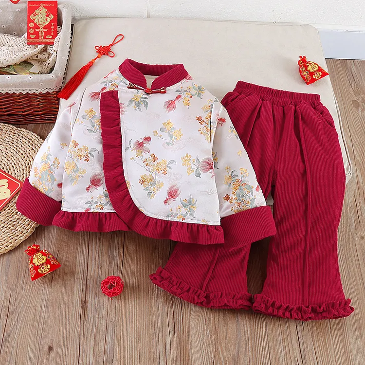 【锦鲤】女童宝宝套装冬季婴幼儿加厚加绒加棉套装拜年服周岁礼服