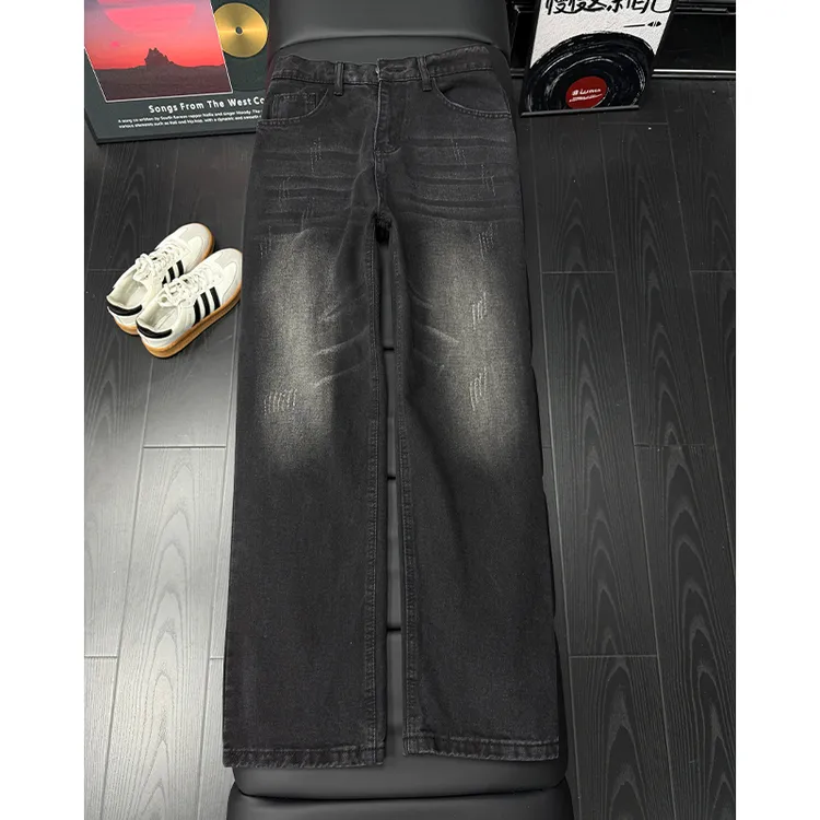 黑色毛须抓痕牛仔裤男款美式复古水洗做旧裤子直筒宽松阔腿微喇裤