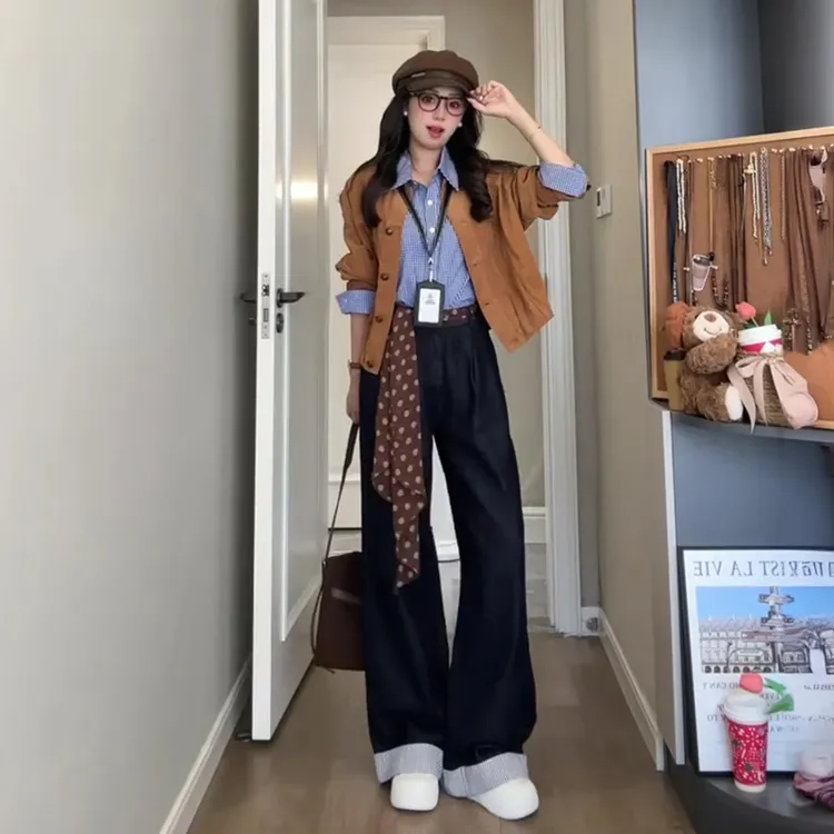 韩系搭配一整套秋冬高级感大码胖mm外套衬衫牛仔阔腿裤叠穿套装女