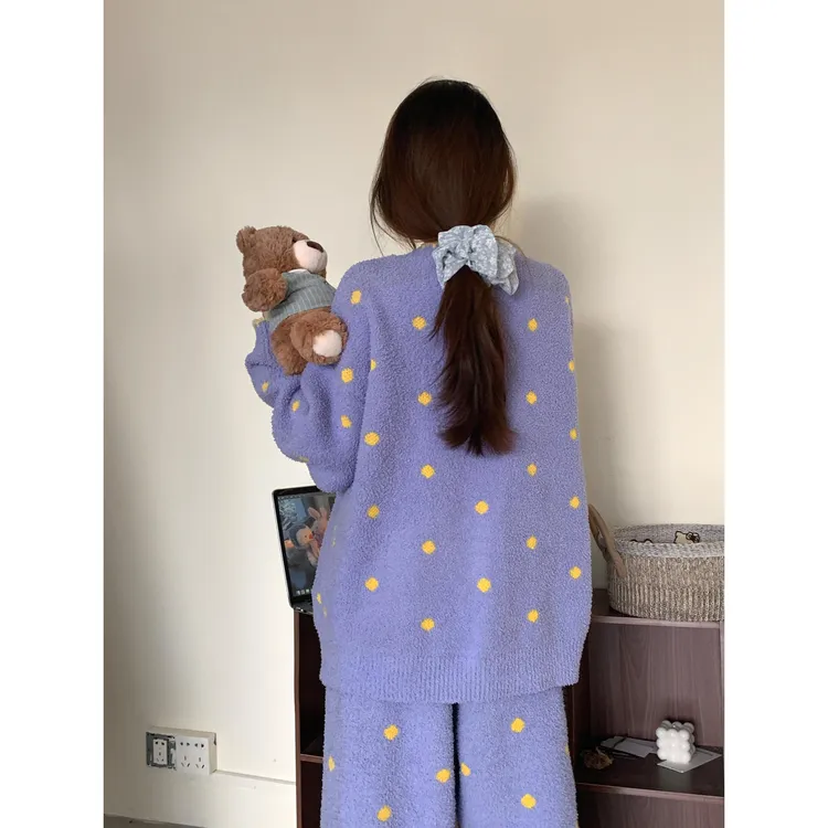 甜美波点半边绒睡衣女款冬季黄色边温柔保暖休闲家居服套装可外穿