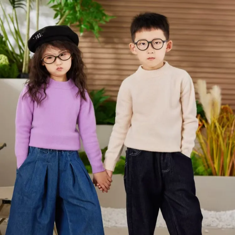 【假一赔十】100%纯色儿童羊毛衫半高圆领羊毛衫男女童中大童羊毛衫