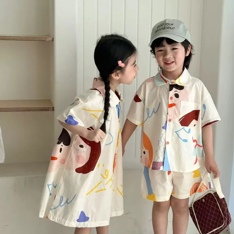 兄妹装儿童新款夏季衬衫套装男童两件套女童衬衣裙短袖涂鸦连衣裙