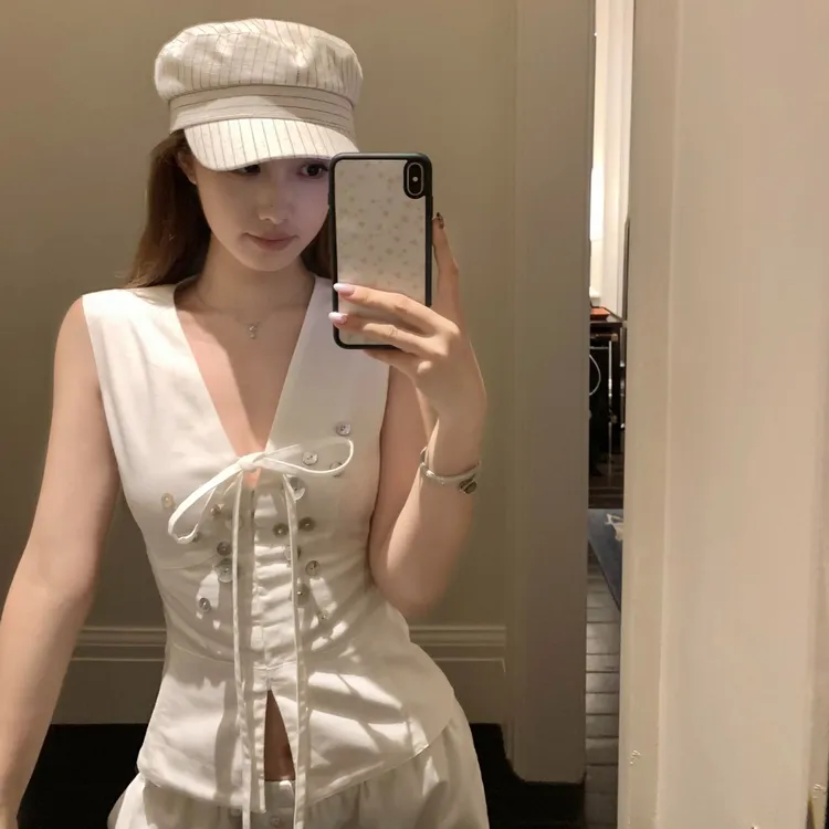 高级松弛感套装女夏季法式辣妹收腰马甲背心高腰宽松阔腿裤两件套