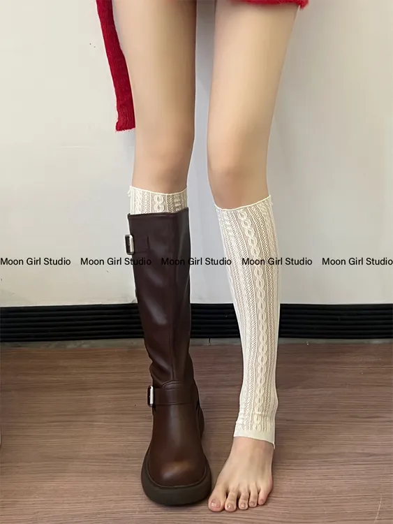 辣妹日系中筒袜配长筒靴高筒白色蕾丝花边堆堆袜腿套透气薄款踩脚