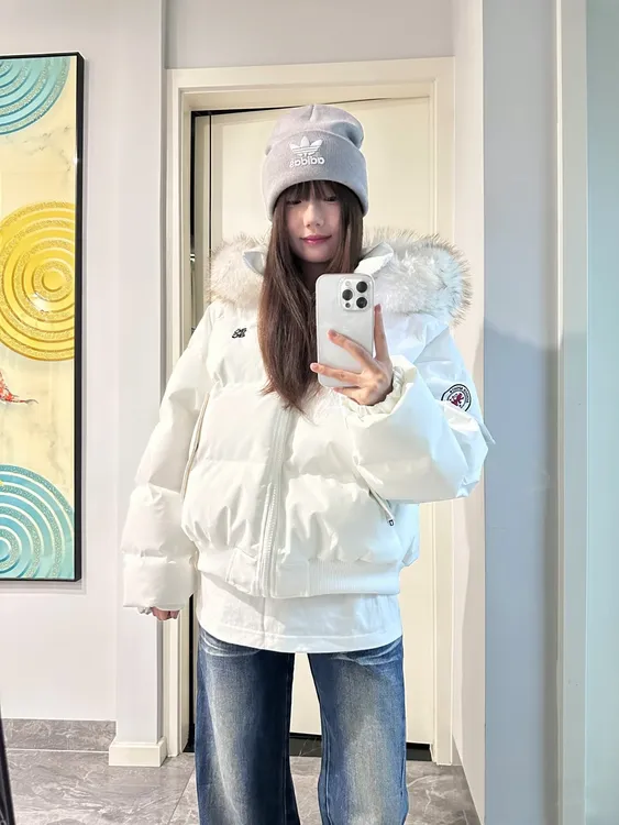 国潮毛领白色派克棉服女款冬季2025新款加厚保暖小个子面包服外套