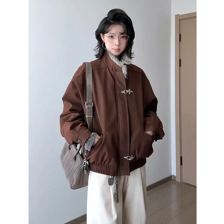 美拉德棕色美式立领座山雕外套棉服冬季加绒加厚cleanfit棉衣夹克