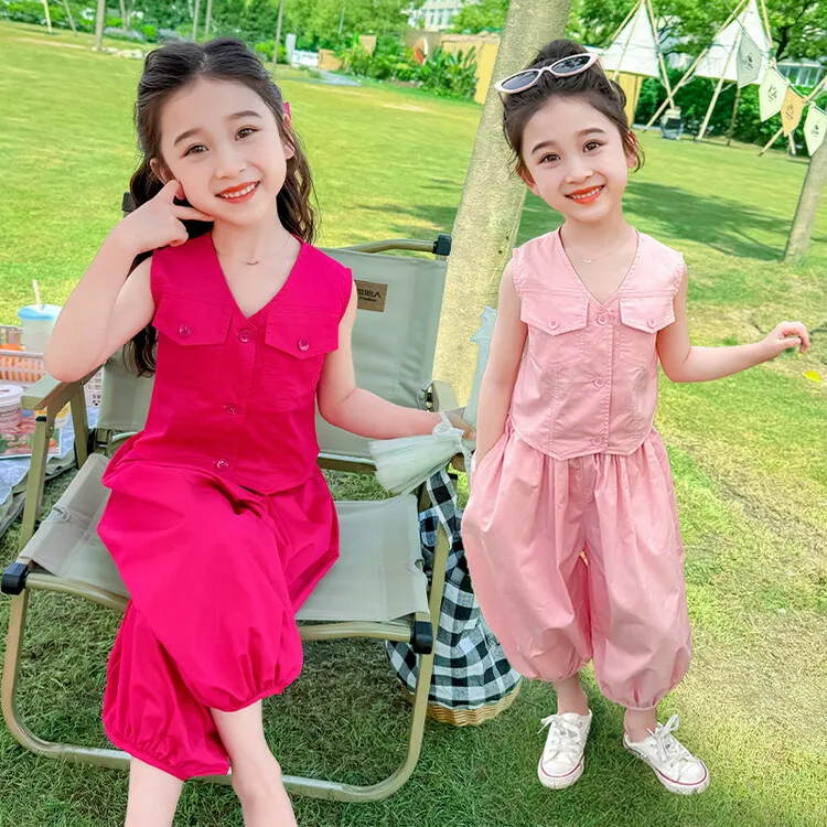 女童夏季2025新款薄款洋气时髦儿童无袖灯笼套装小女孩宝宝新款