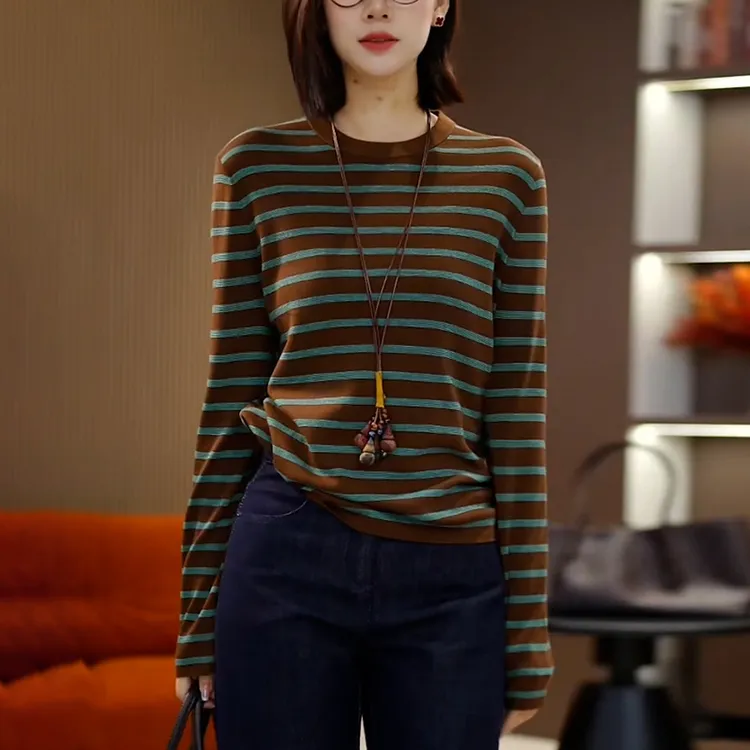 咖色条纹长袖t恤女2025秋季新款时尚别致内搭打底衫德绒休闲上衣
