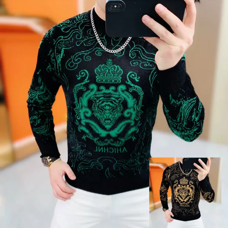 阿凯严选-欧货冬季新款男士针织摩卡绒保暖个性圆领百搭毛衣打底