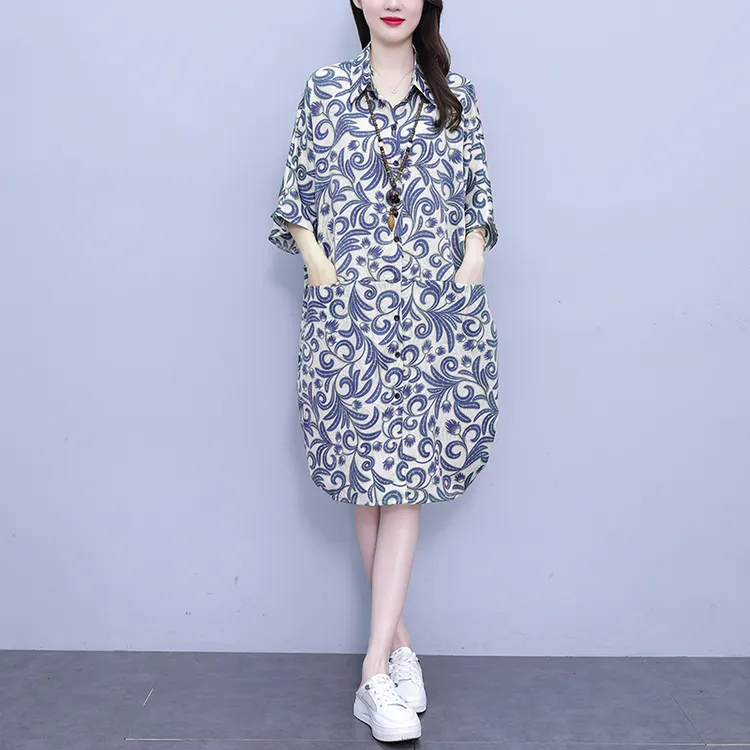 休闲宽松型大码女装连衣裙2025夏季印花衬衣中长款时尚百搭裙子