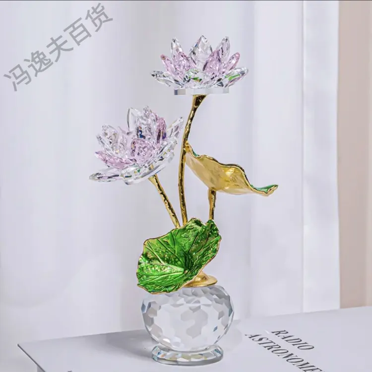 新疆西藏包邮新款双莲粉色双头好运莲莲琉璃莲花透明摆件装饰品轻