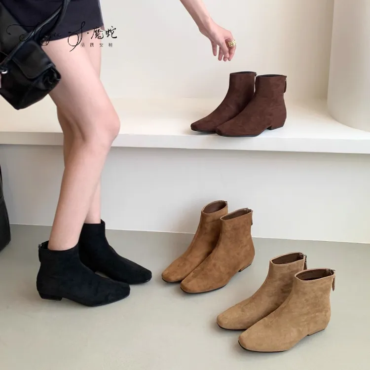 【万达撤柜】高级感粗跟绒面法式小踝靴方头瘦瘦短靴鞋秋冬加绒马丁