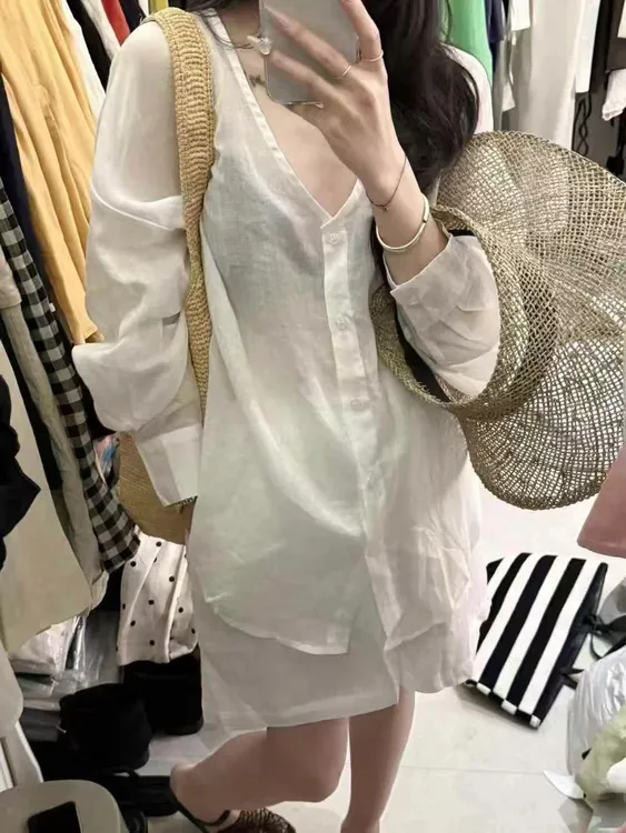 薄款设计感气质长袖白色苎麻套装衬衫时尚休闲百搭