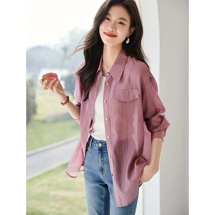 后开叉防晒衬衫女夏季2025新款休闲通勤百搭上衣凉感薄款宽松衬衣