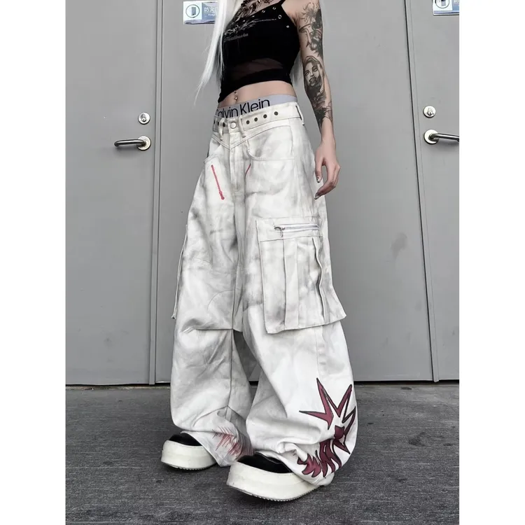 美式嘻哈水洗脏染刺绣牛仔裤秋季宽松阔腿裤子男女